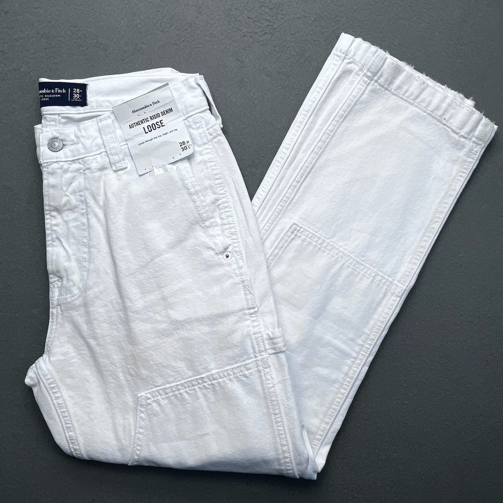 NWT Abercrombie & Fitch Mens White Loose Carpenter Double Knee‎ Jeans 28x30